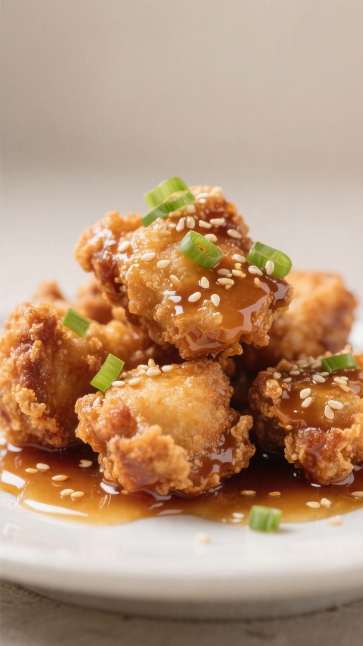 Close-up detail: Ultra-crisp, double-fried honey chicken bites just tossed in glossy honey-soy sauce