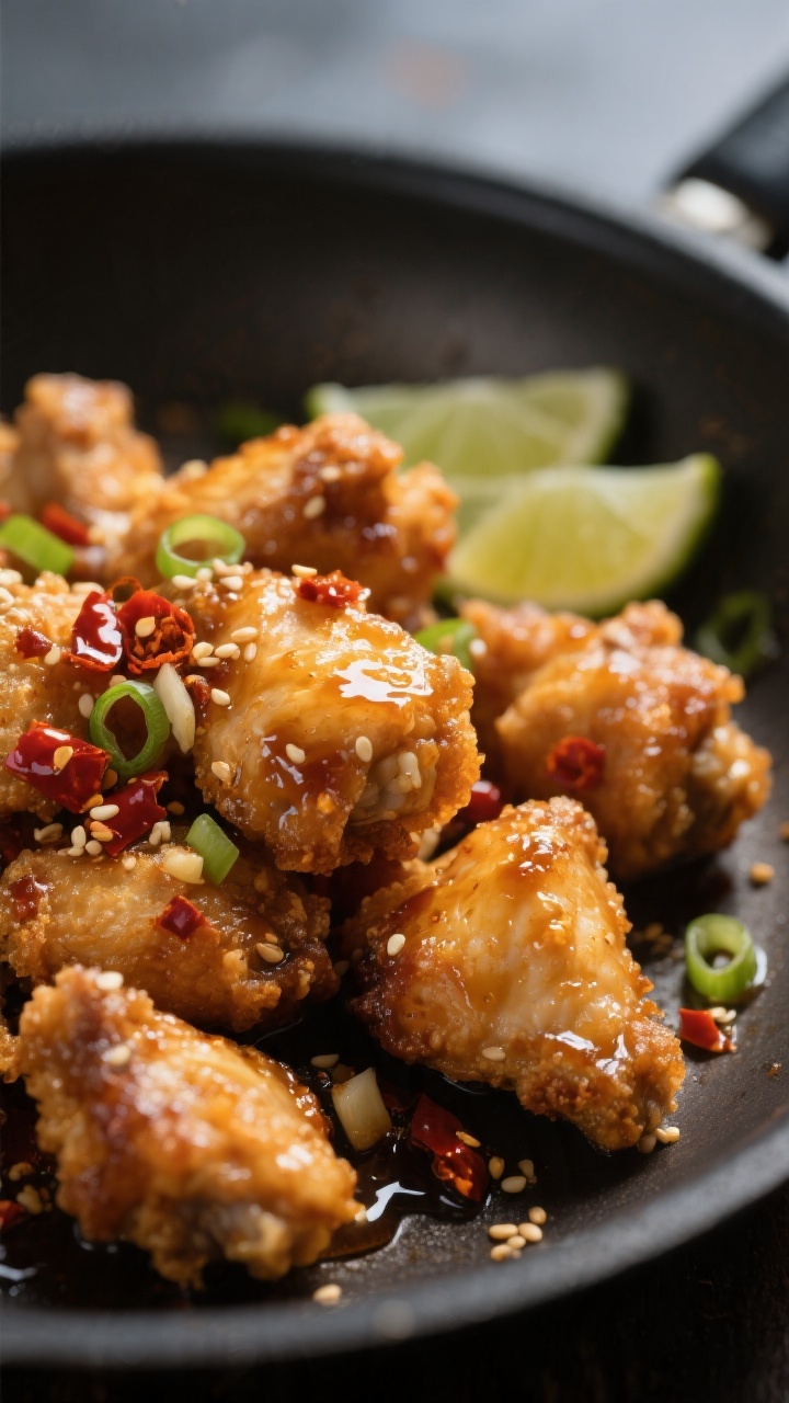 Close-up detail: Ultra-crisp, golden-brown bite-size chicken pieces just after a quick double-fry, g