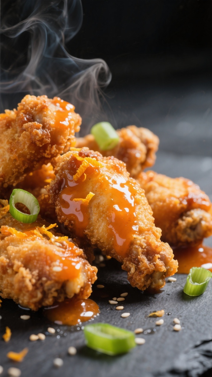 Close-up detail: Ultra-crispy, air-fried orange chicken pieces just tossed in glossy, thick orange s