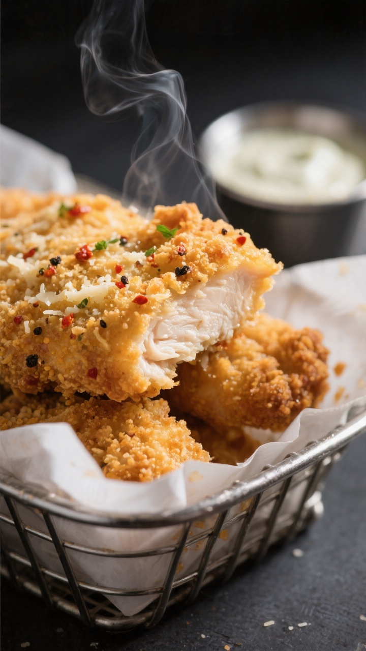 Close-up detail: Ultra-crispy air-fried ranch chicken tender just out of the basket, golden panko-an