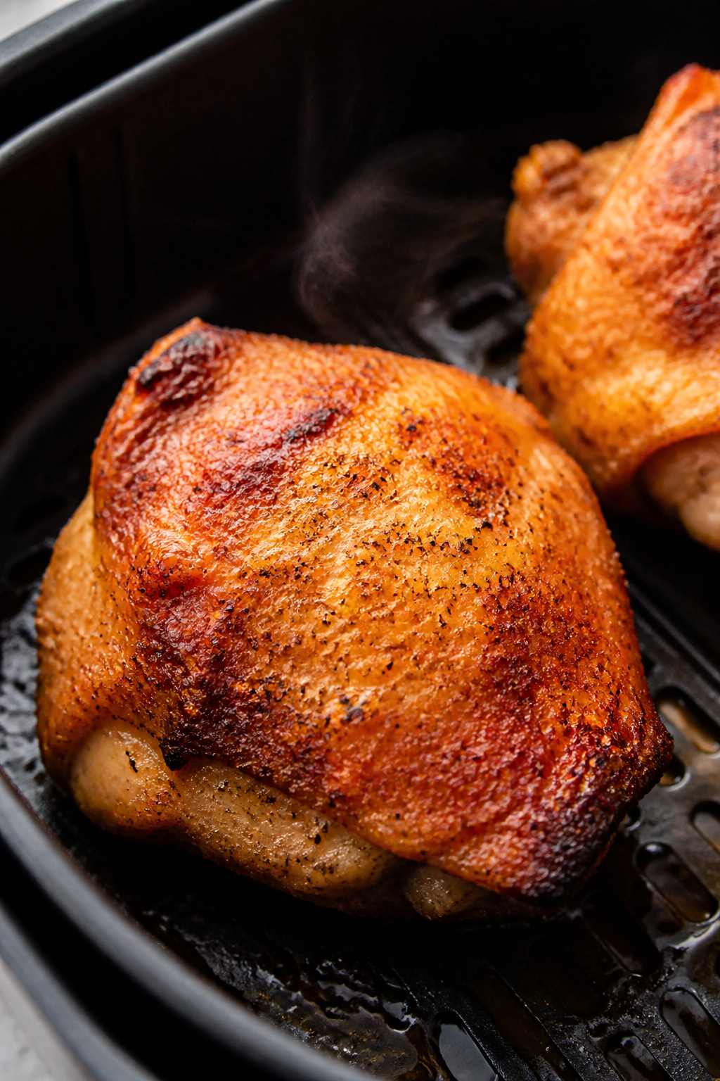 Close-up detail: Ultra-crispy air fryer chicken thigh skin just after the high-heat finish at 400°F