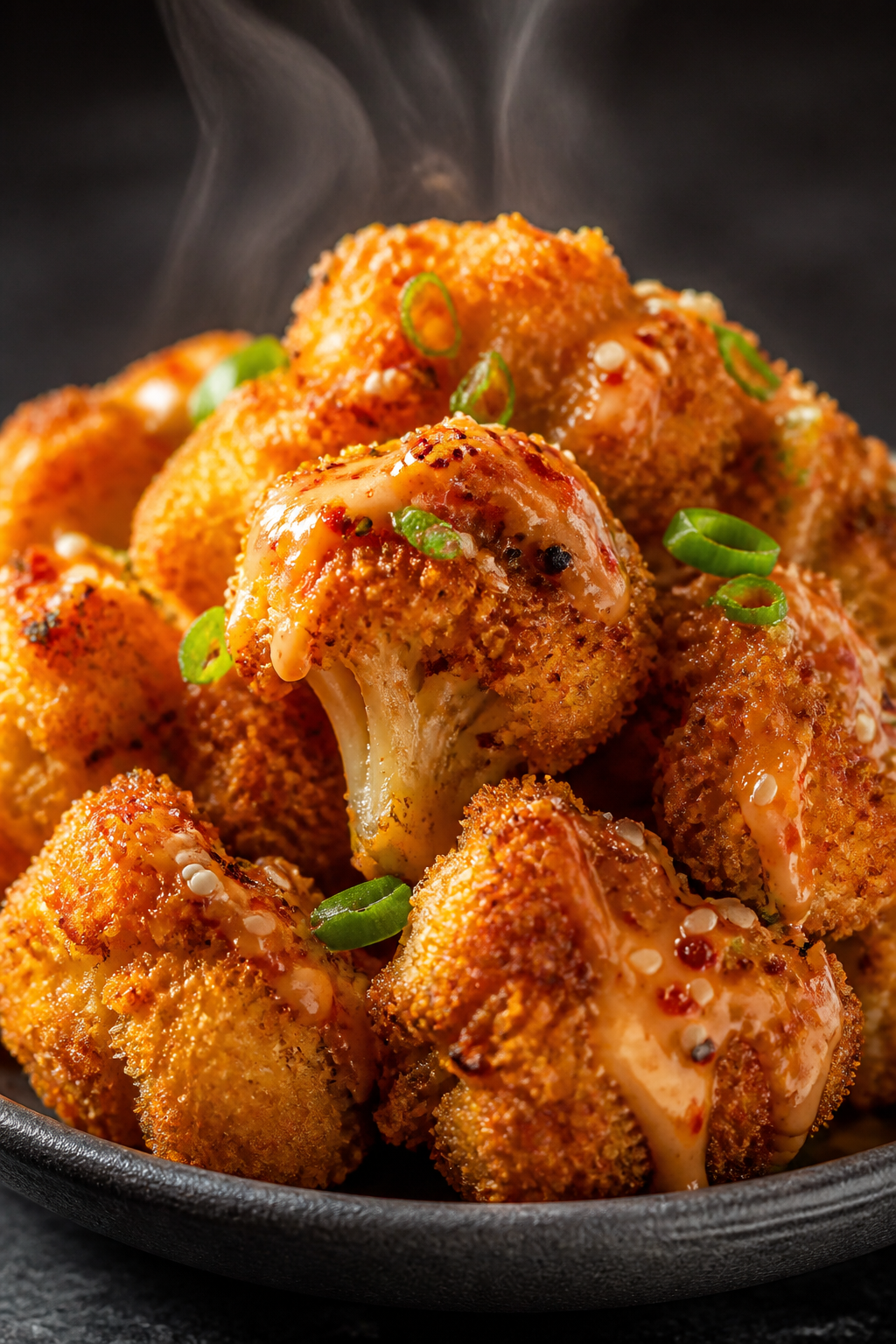 Close-up detail: Ultra-crispy bang bang cauliflower just out of the air fryer, golden panko crust wi