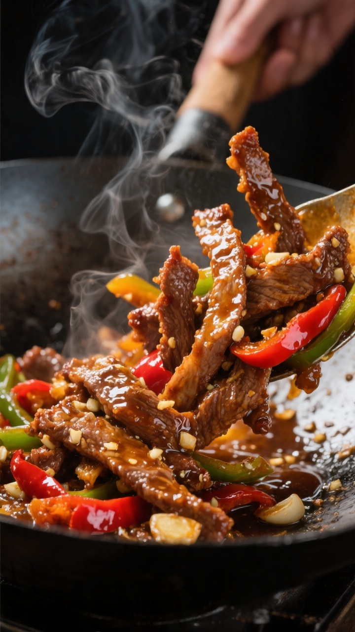 Close-up detail: Ultra-crispy honey chili beef strips just after the optional second fry, being toss
