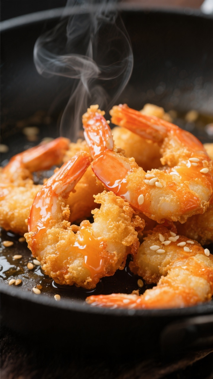 Close-up detail: Ultra-crispy orange shrimp just out of the fryer, golden crackly cornstarch batter 