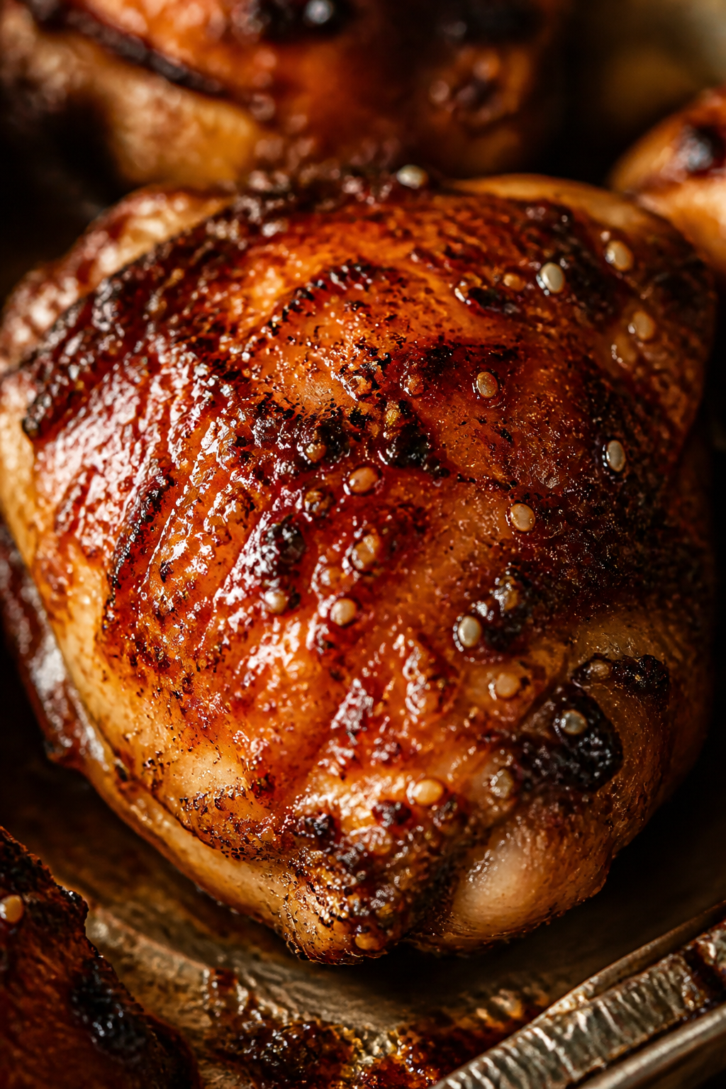 Close-up detail: Ultra-tight shot of roasted honey-glazed chicken thigh skin just after the second g