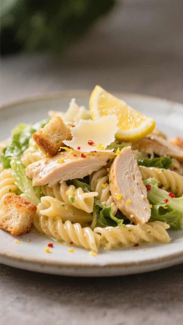 Close-up final dish: Tight macro of a plated portion of Chicken Caesar Pasta Salad, showcasing gloss