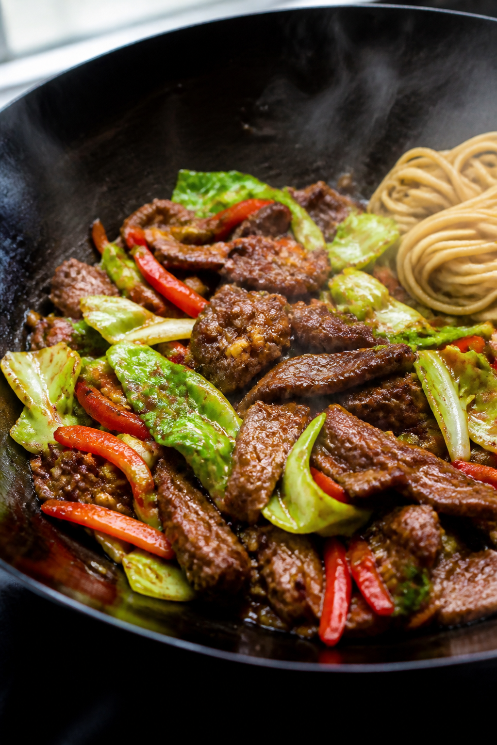 Cooking process, action close-up: Searing thinly sliced flank steak in a smoking-hot wok, glossy bro