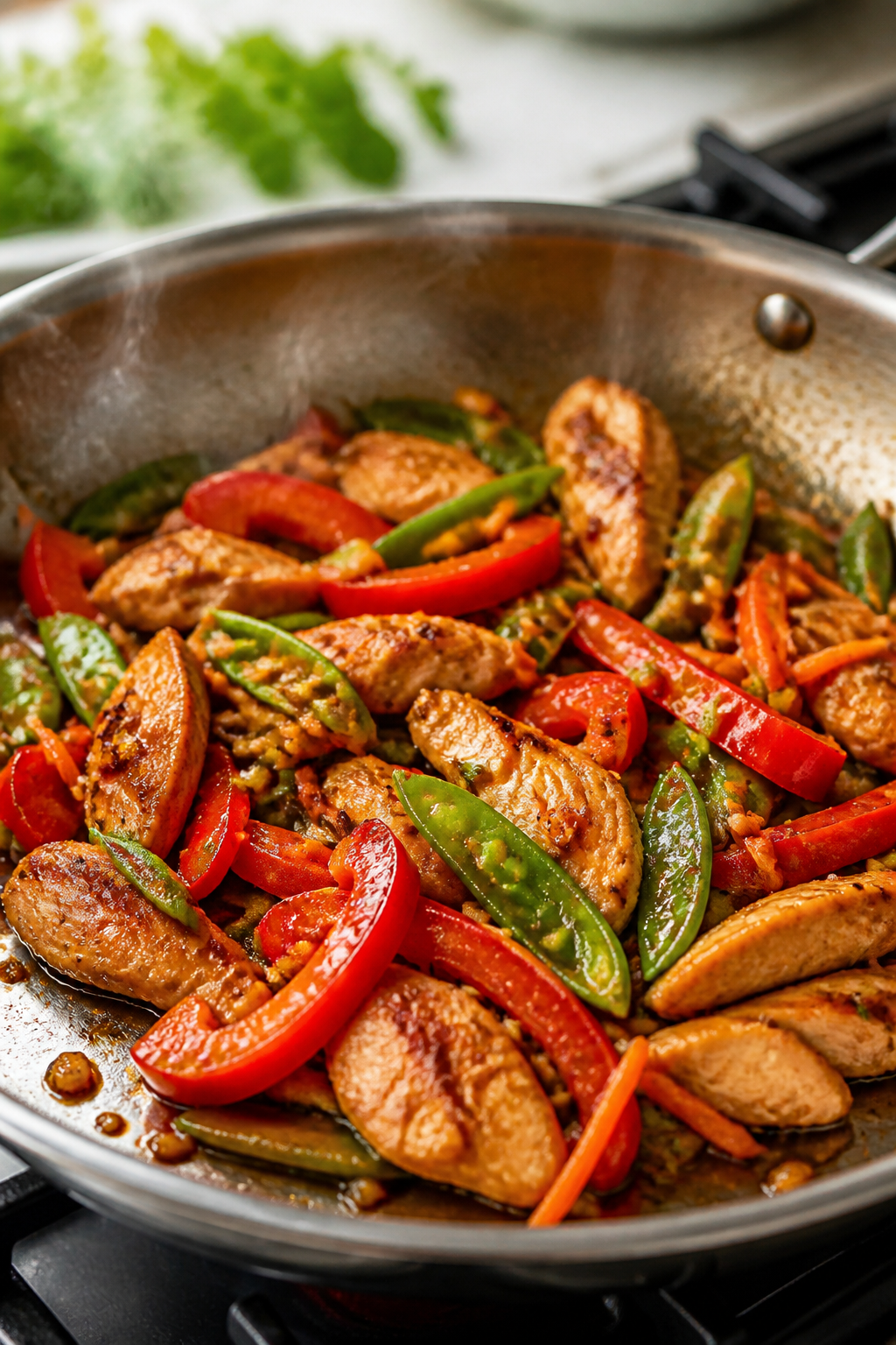 Cooking process, action close-up: Searing thinly sliced chicken in a stainless skillet over medium-h