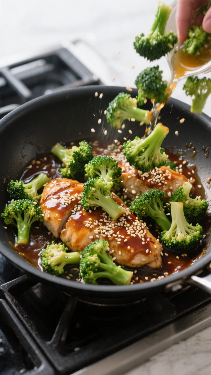 Cooking process action: Crisp-tender broccoli florets being tossed back into the pan with the sauced