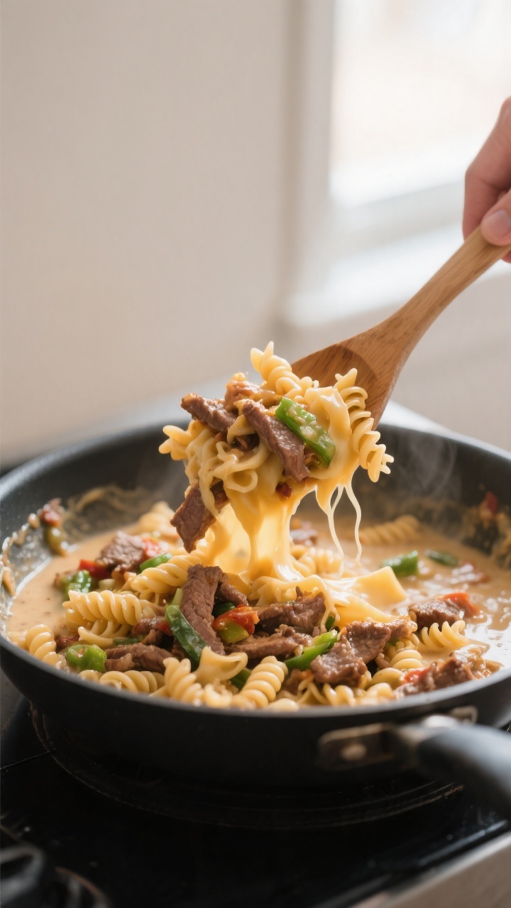 Cooking process action shot: Cheesesteak pasta being tossed in a large skillet—silky light sauce t