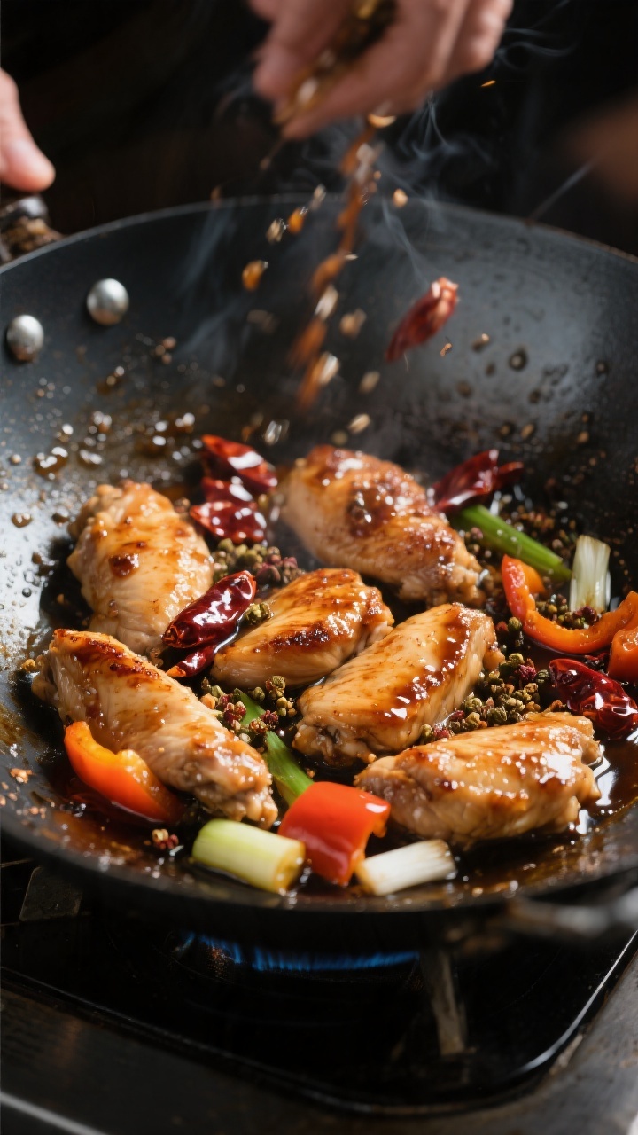 Cooking process action shot in a hot wok: chicken pieces searing in a single layer with browned edge