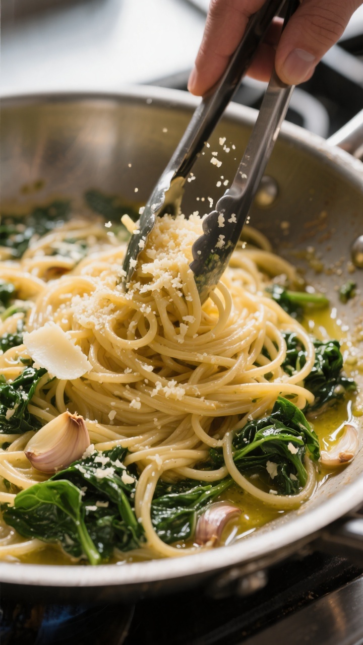 Cooking process: Action shot of the final emulsification—al dente spaghetti being tossed with star