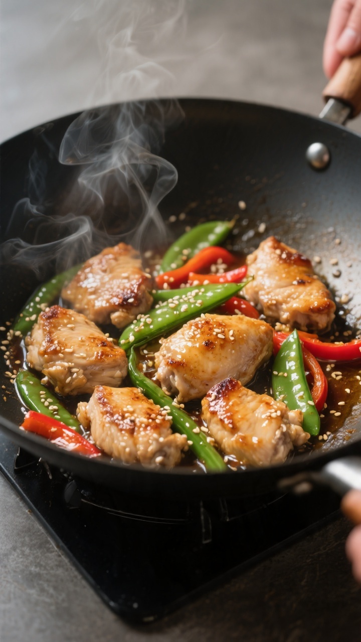Cooking process, action shot: Searing bite-size chicken thighs in a sizzling wok over medium-high he