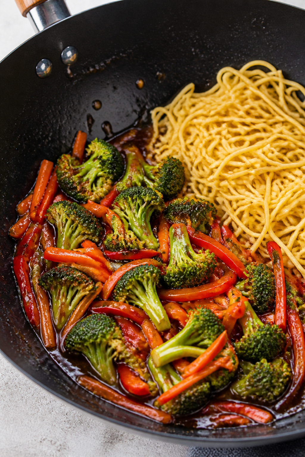 Cooking process action: Stir-frying crisp-tender broccoli florets, thin red bell pepper strips, and 