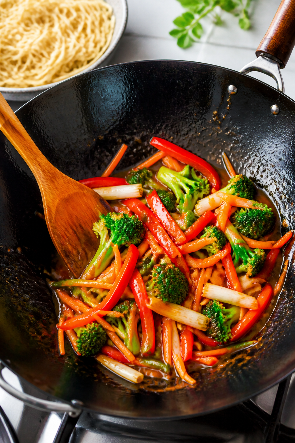 Cooking process action: Stir-frying stage in one pan—bright broccoli florets, thin red bell pepper