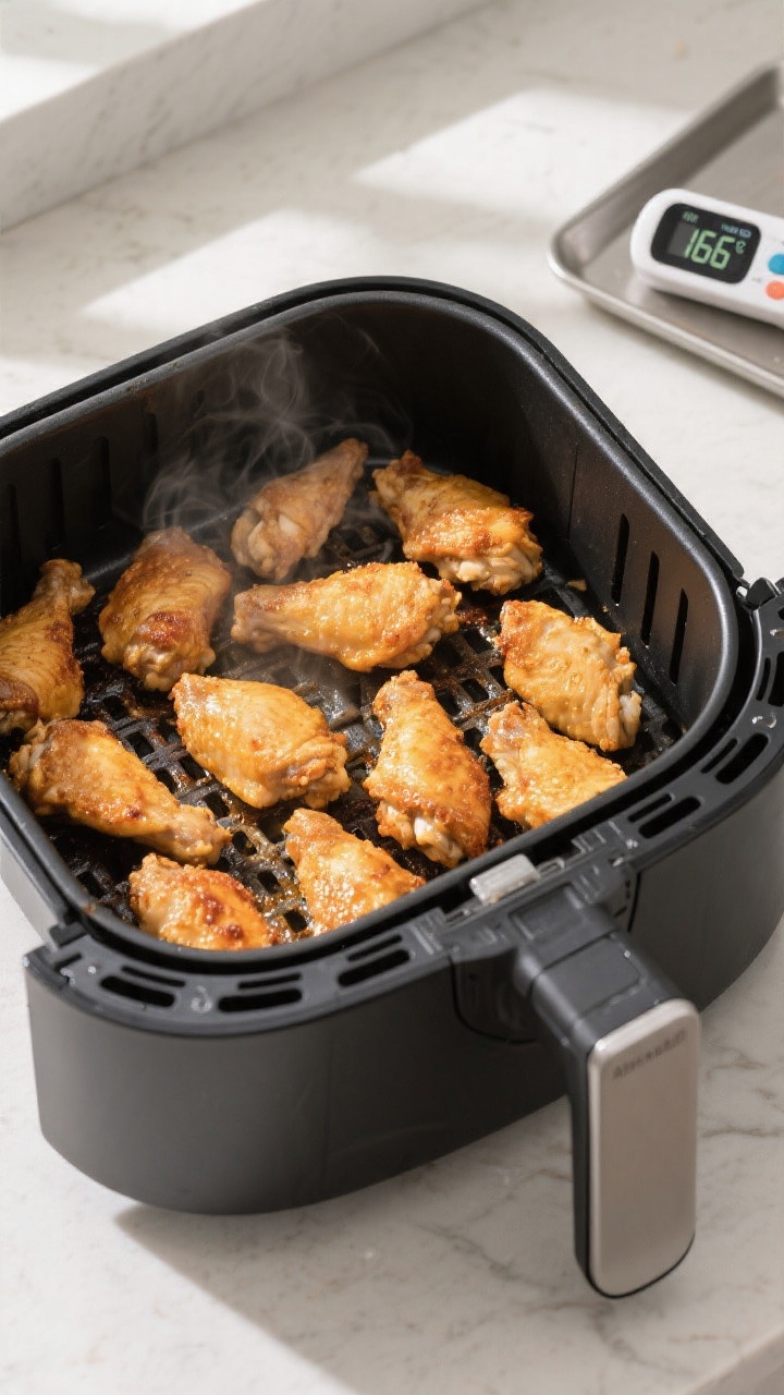 Cooking process: Air fryer basket at 390–400°F filled with a single layer of golden-brown chicken