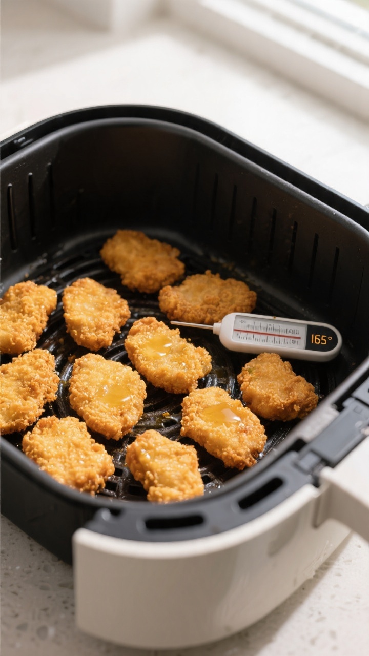 Cooking process: Air fryer basket at 390°F with a single, spaced layer of golden-brown chicken nugg