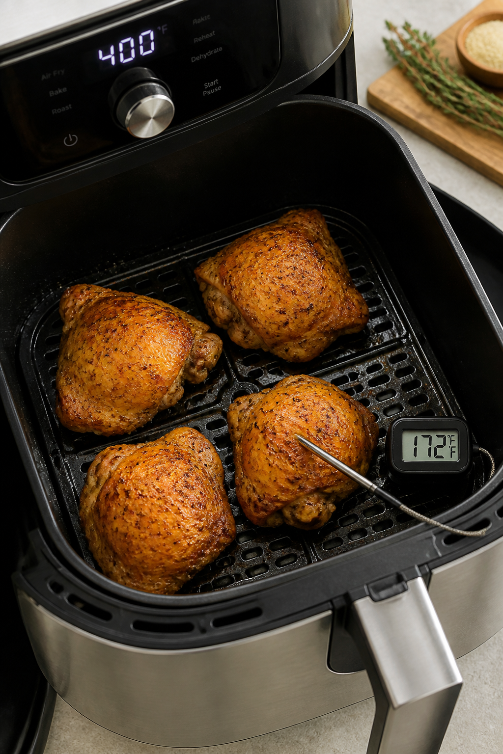 Cooking process: Air fryer basket loaded with four cooked bone-in, skin-on chicken thighs flipped sk