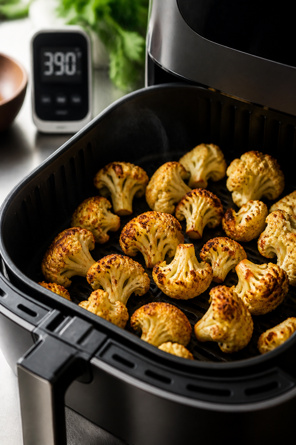Cooking process: Air fryer basket mid-cook with evenly sized cauliflower florets flipped halfway, su