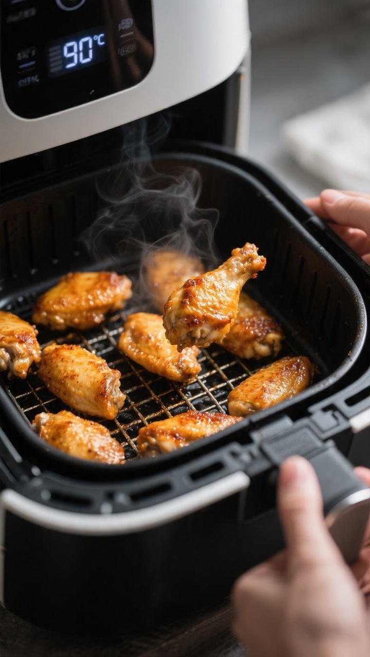 Cooking process: Air fryer basket scene with a single layer of golden-brown, evenly spaced chicken p