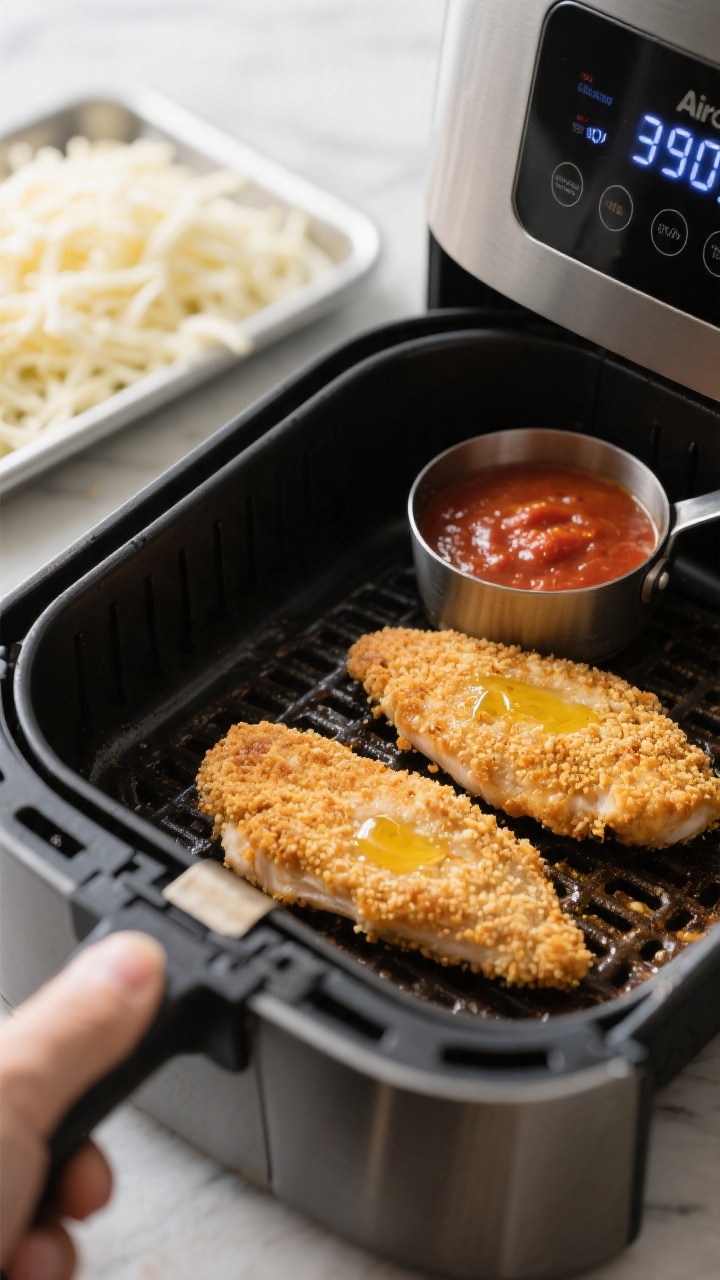 Cooking process: Air fryer basket shot with breaded chicken cutlets mid-cook—single layer, no over