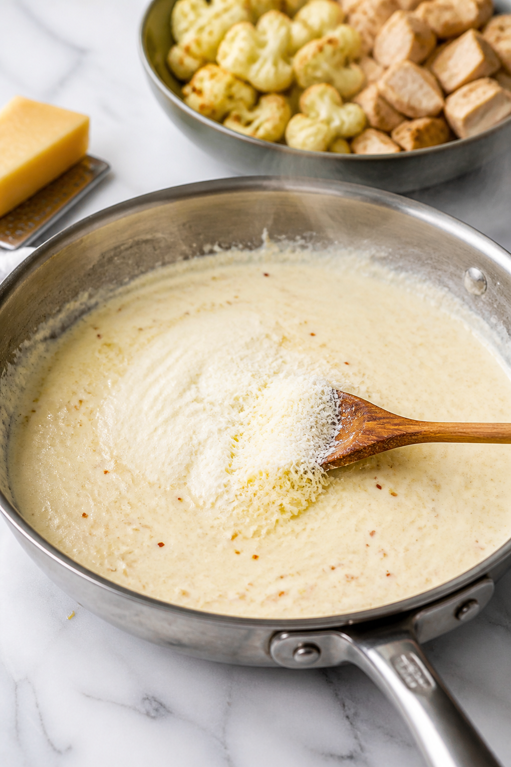 Cooking process: Alfredo sauce being finished in a stainless skillet—velvety, glossy cream sauce s
