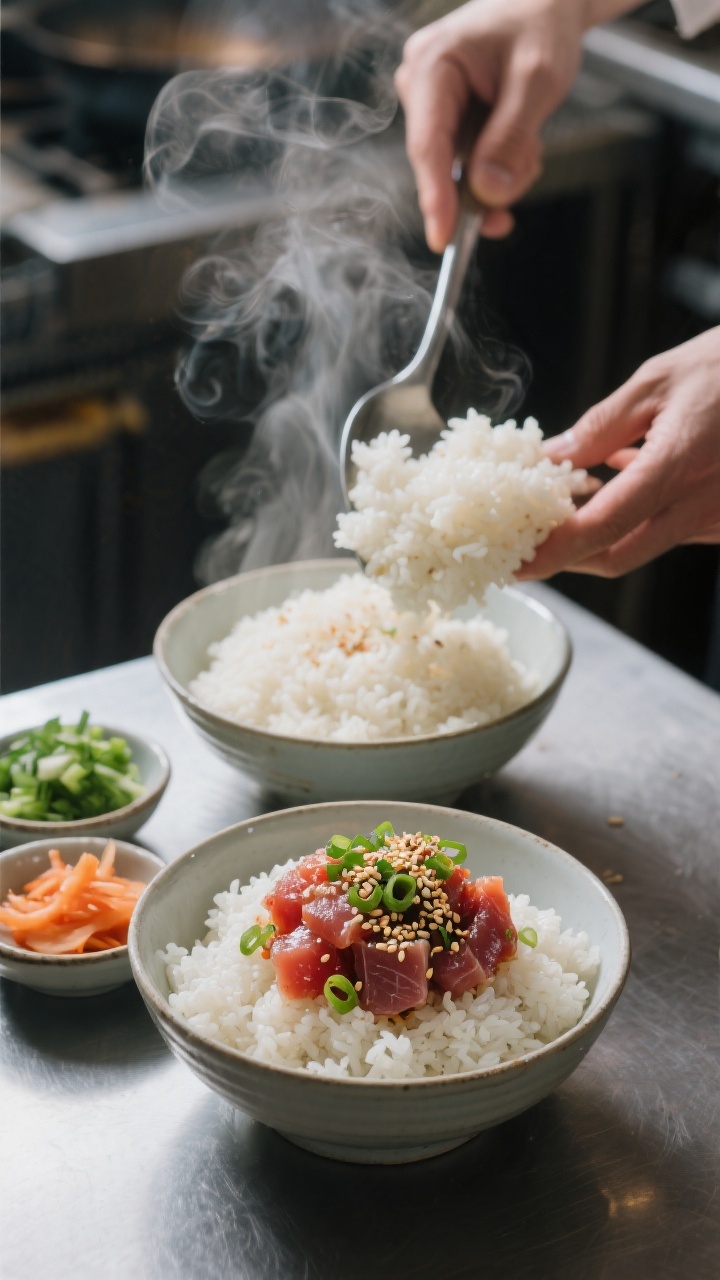 Cooking process: Assembling the bowls—steaming, just-warm seasoned rice being fluffed and spread i
