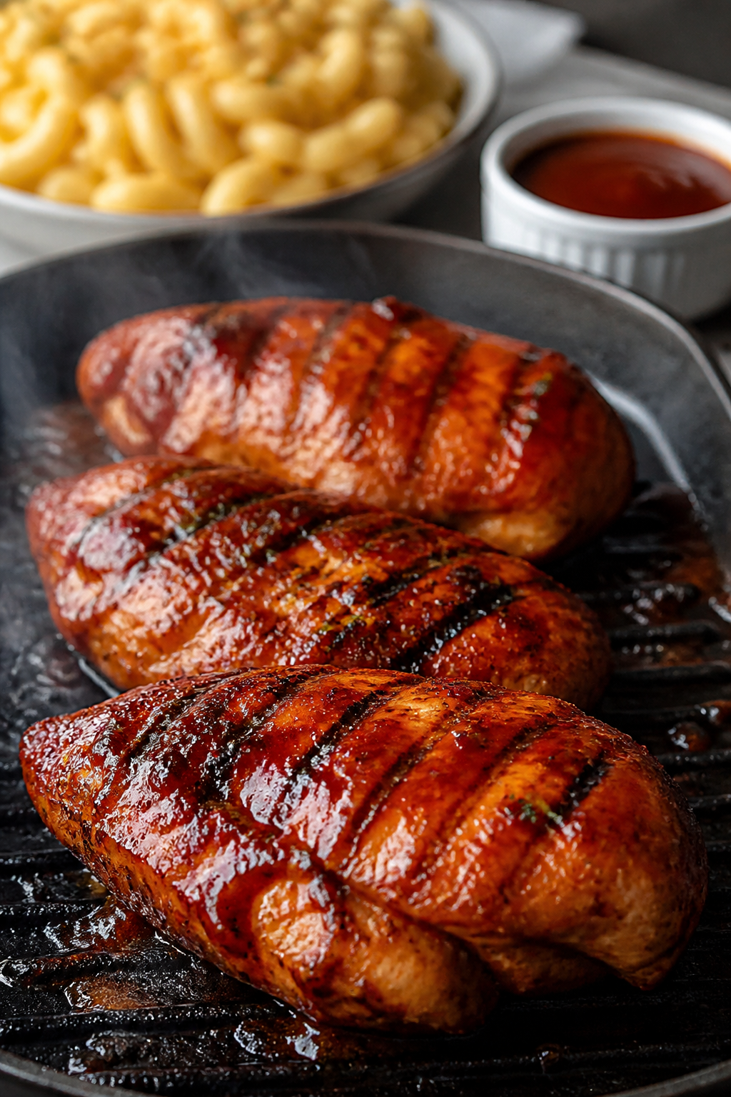 Cooking process — BBQ-glazed chicken: Medium close-up of sizzling chicken breasts on a grill pan, 