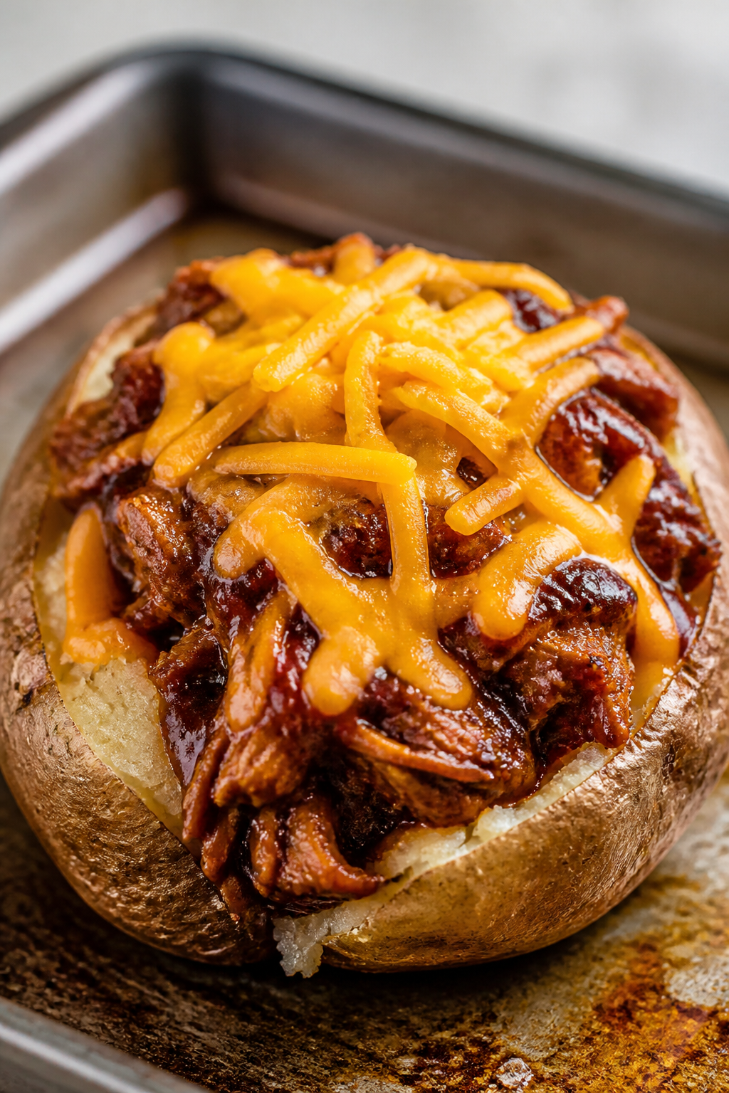 Cooking process: BBQ shredded chicken being spooned generously into an opened baked potato on a smal