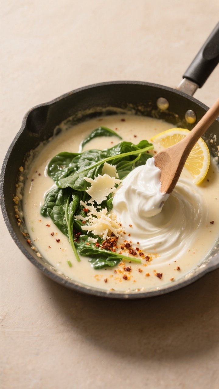 Cooking process: Building the lighter sauce in the same skillet—silky, gently thickened broth-and-