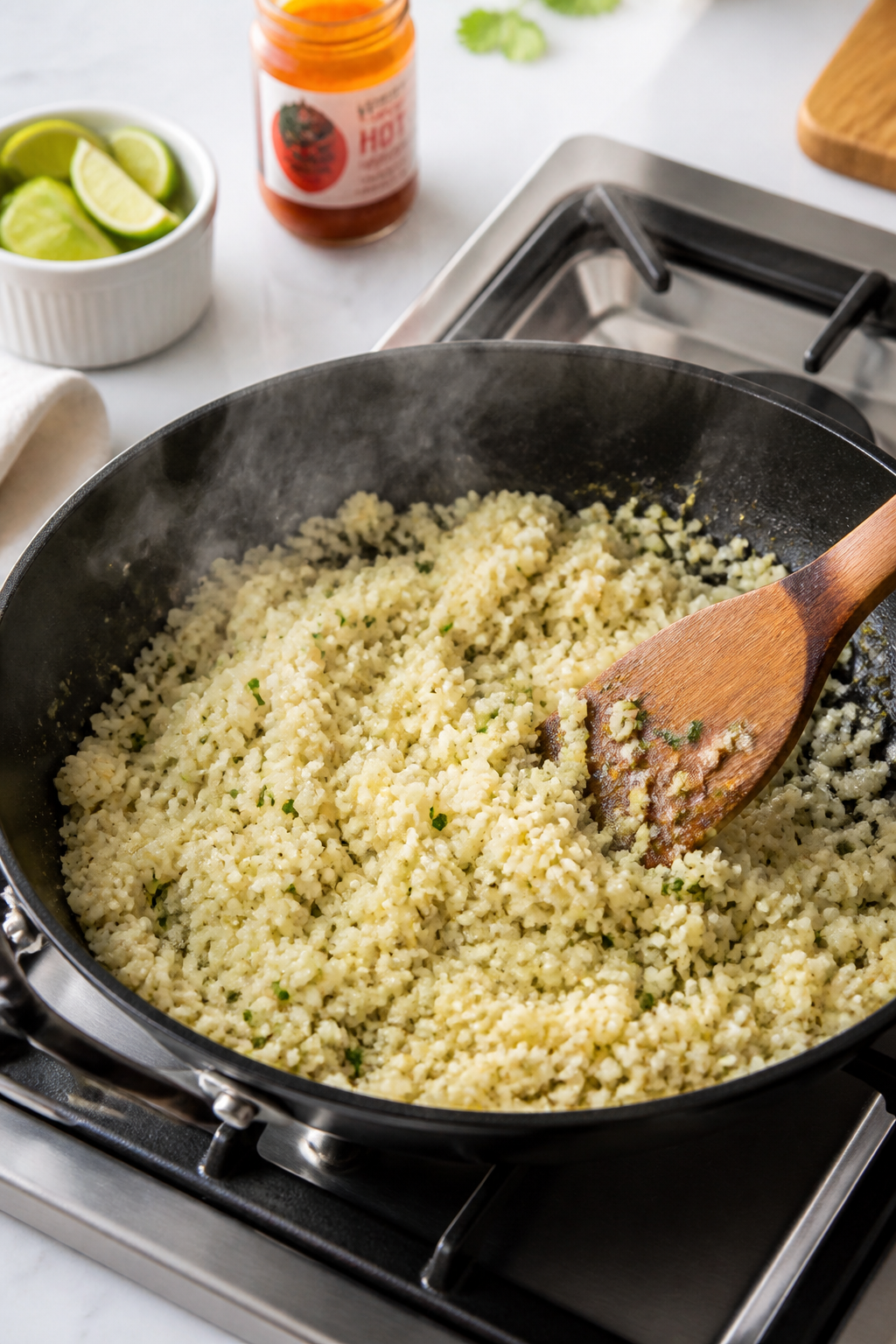 Cooking process: Cauliflower rice being sautéed in a wide skillet, steam lifting as moisture cooks 