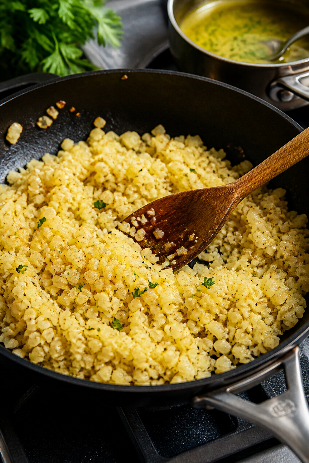 Cooking process: Cauliflower rice sautéed in a skillet until tender and just golden at the edges, c