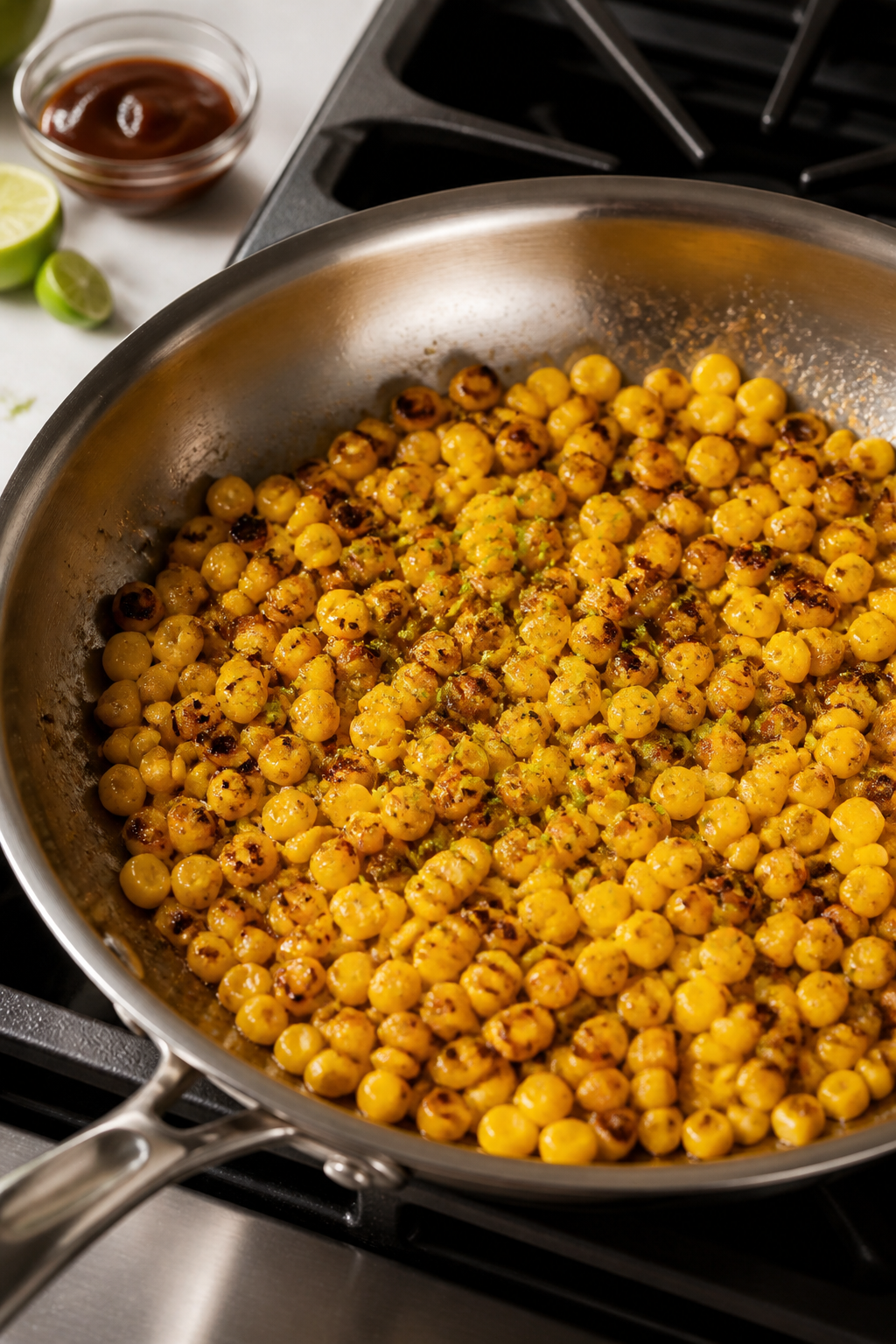 Cooking process: Charred corn in a wide stainless skillet over medium-high heat, kernels in an even 