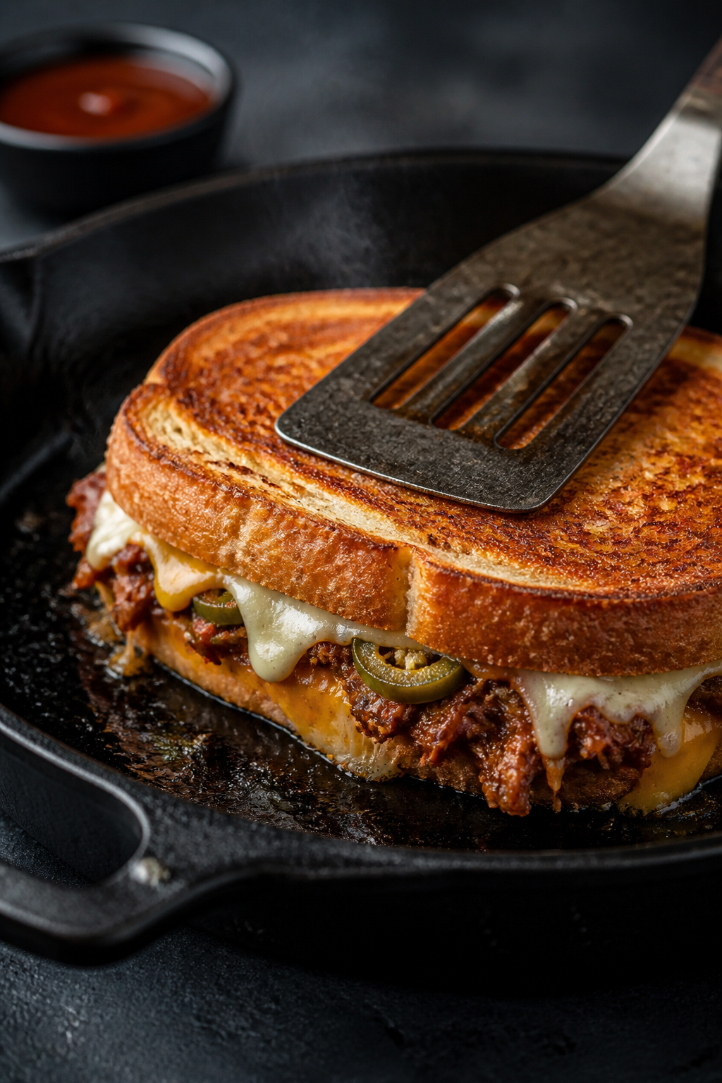 Cooking process close-up: A BBQ brisket grilled cheese sizzling in a cast-iron skillet over medium h