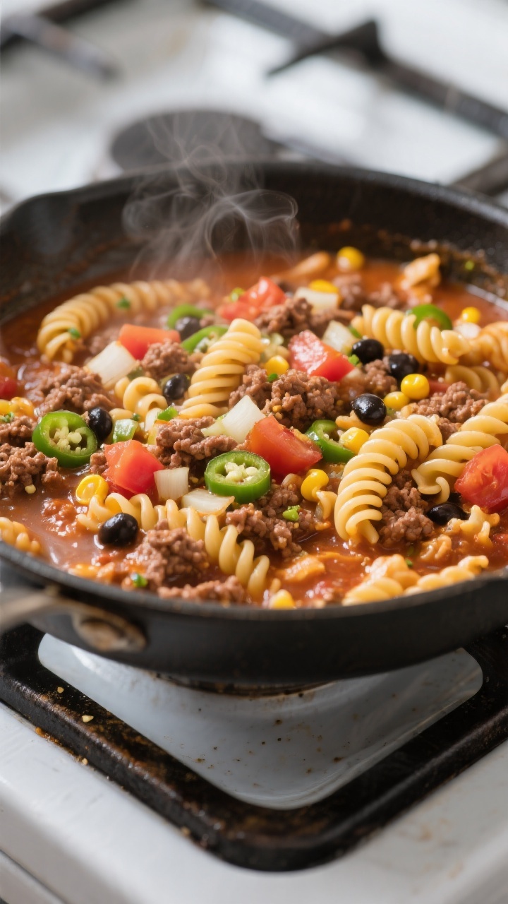 Cooking process close-up: A deep skillet on the stovetop at a gentle simmer, rotini pasta swirled th