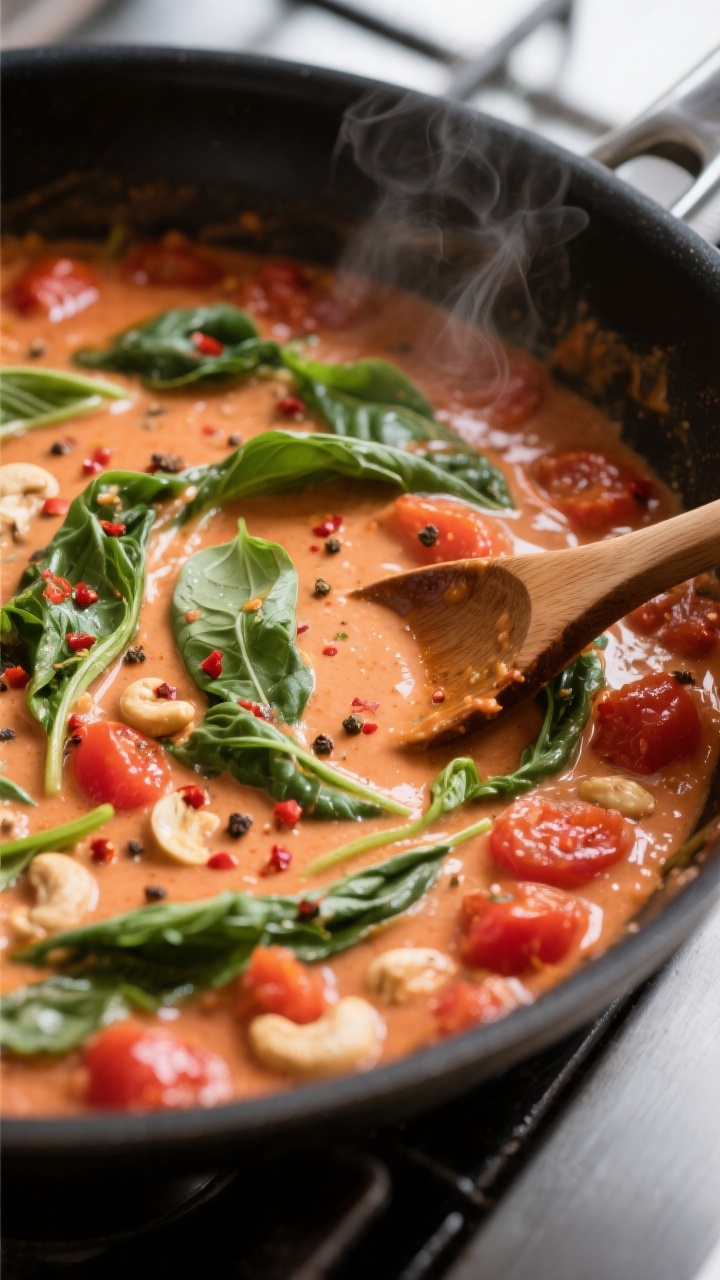 Cooking process close-up: A large skillet of simmering creamy tomato basil sauce, mid-cook, showing 