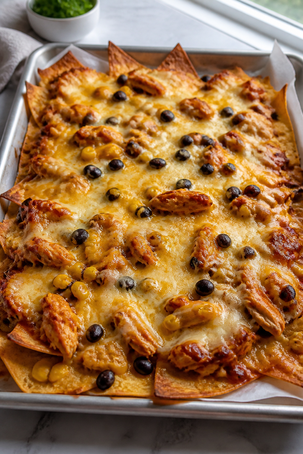 Cooking process close-up: A sheet pan of BBQ chicken nachos just out of the oven, cheese fully melte