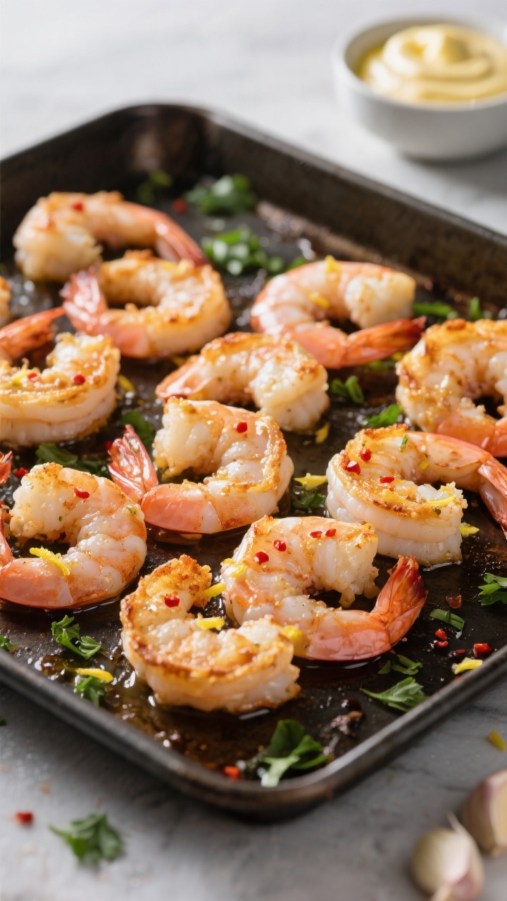 Cooking process close-up: Air-fried garlic butter shrimp just out of the basket, arranged in a singl