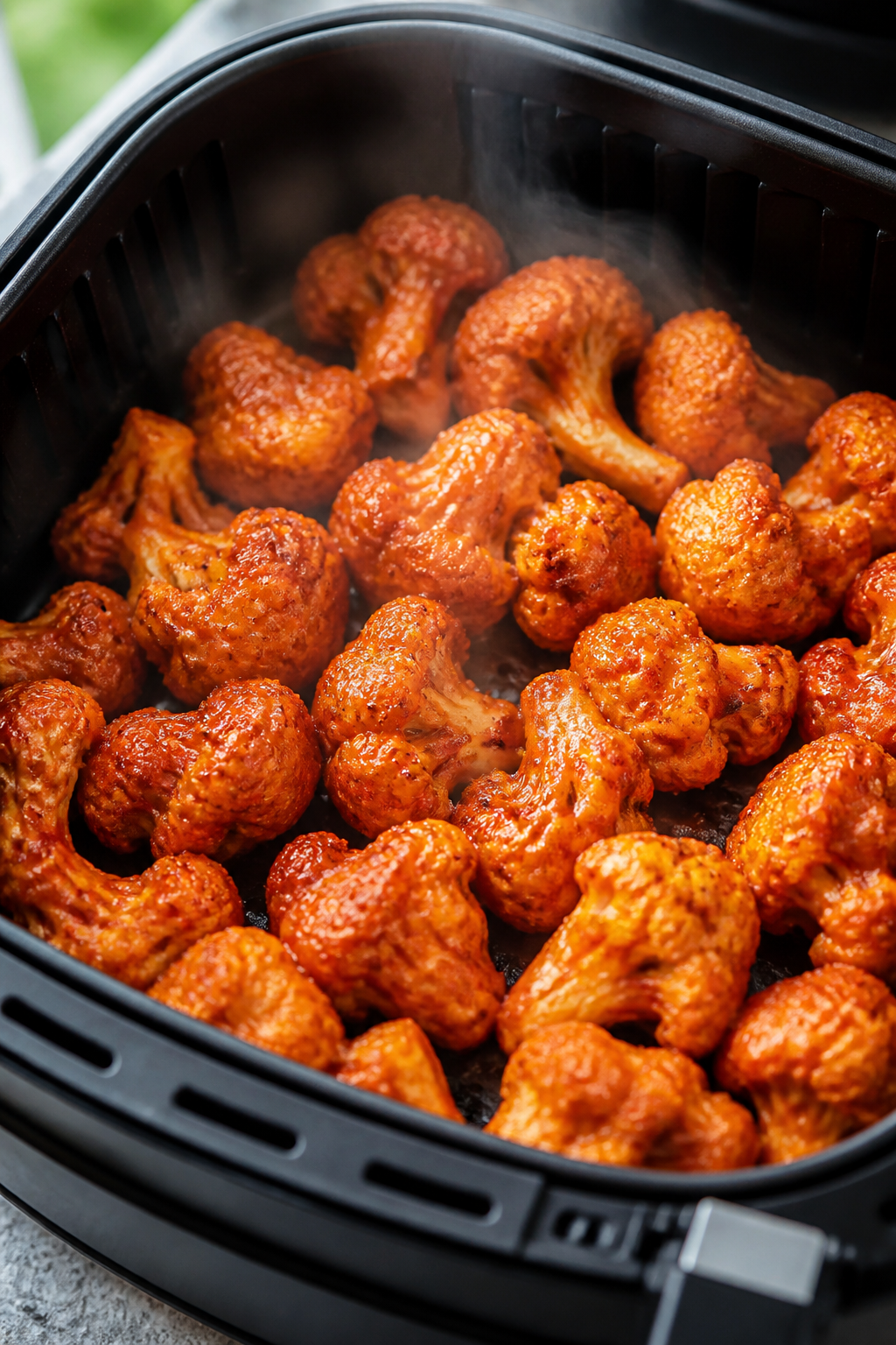 Cooking process close-up: Air fryer basket at 400°F filled with sauced buffalo cauliflower florets 