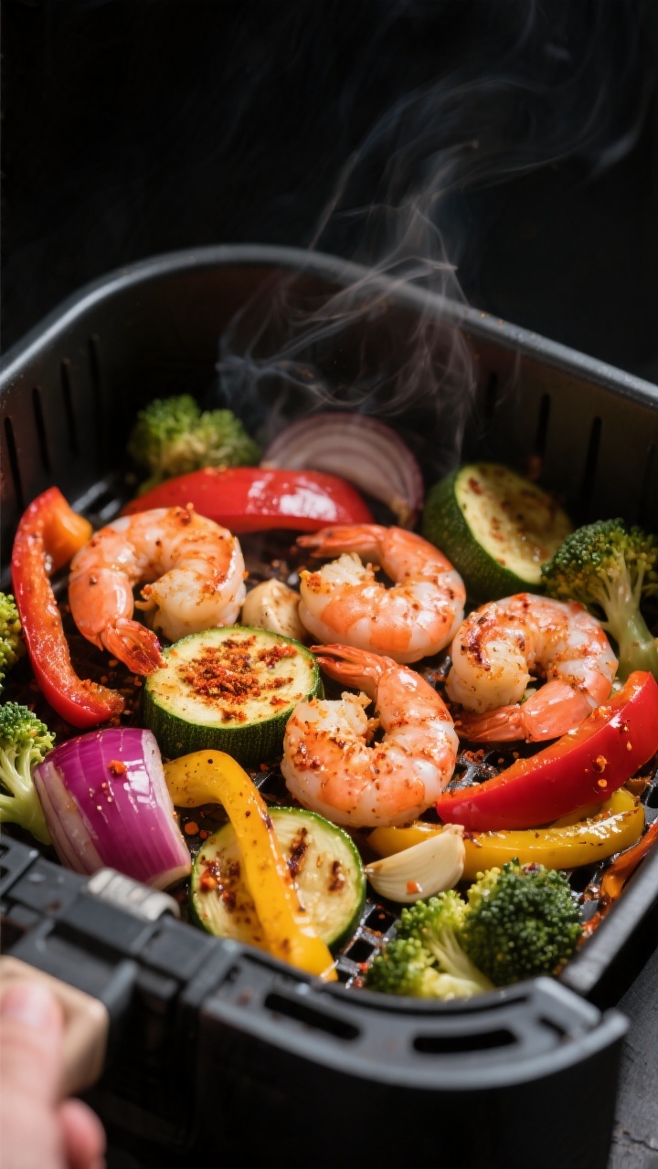 Cooking process close-up: Air fryer basket mid-cook with Cajun-seasoned shrimp just turning pink and