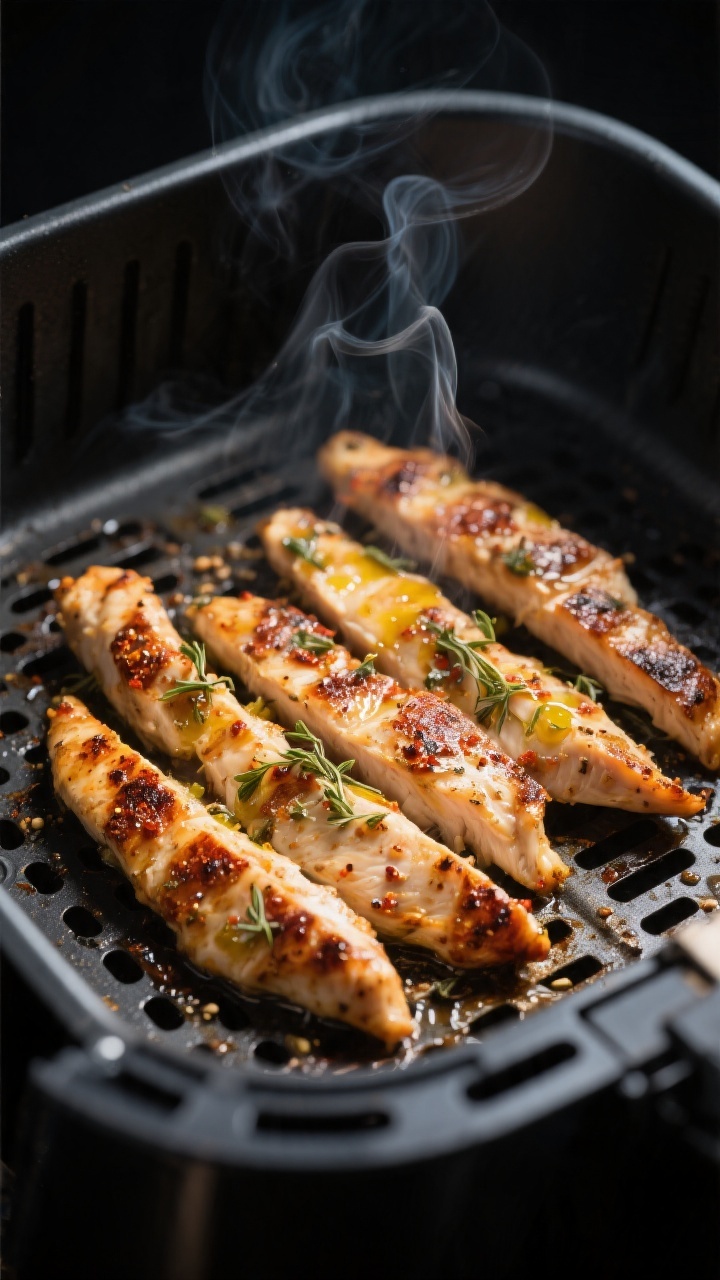 Cooking process close-up: Air fryer basket with a single, spaced layer of marinated Greek chicken st