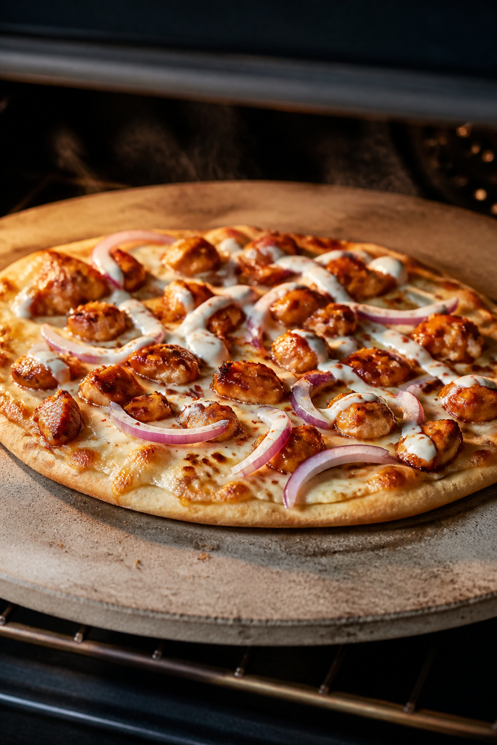 Cooking process close-up: BBQ Chicken Ranch flatbread just slid onto a preheated pizza stone in a 42