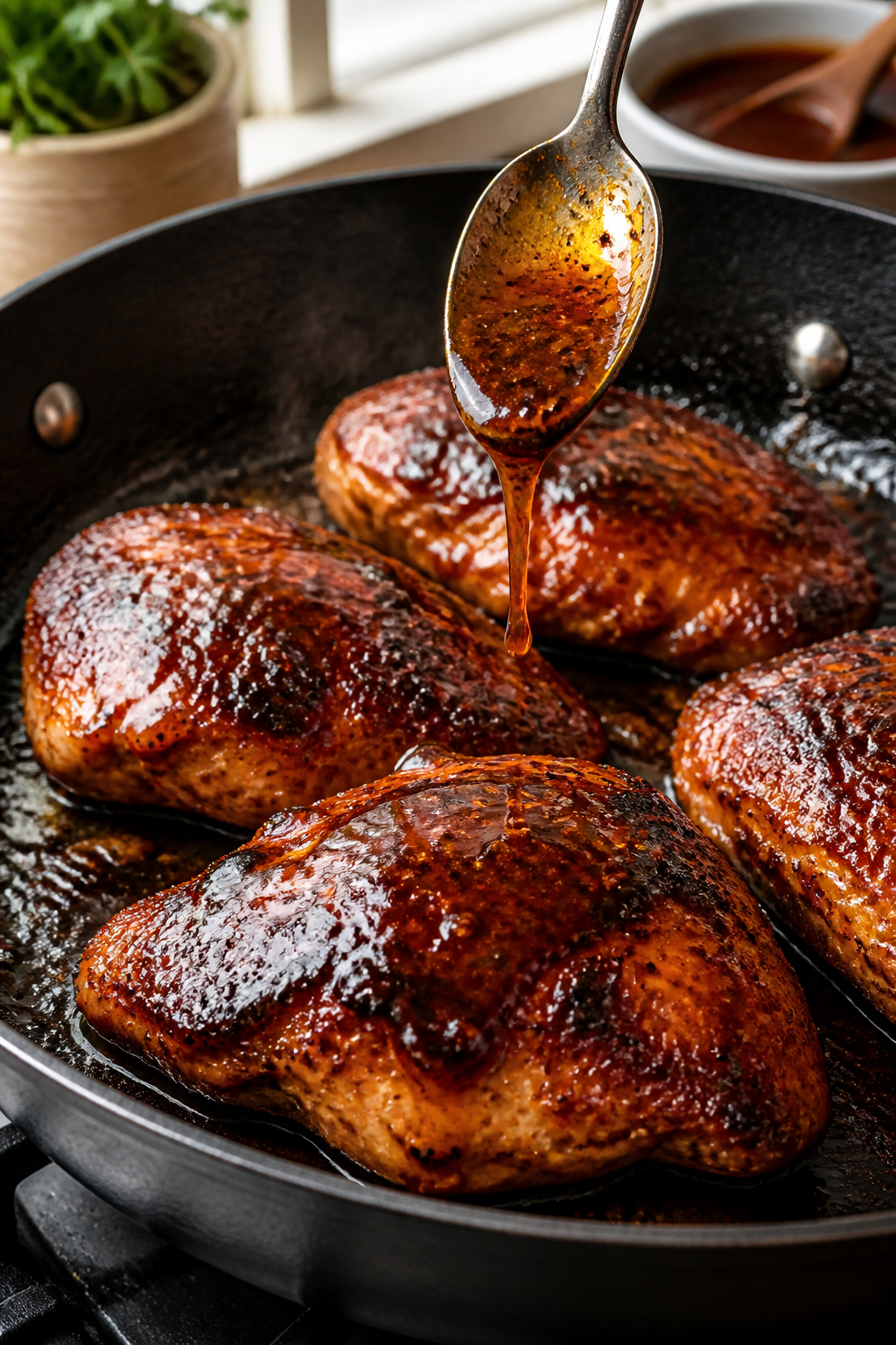 Cooking process close-up: BBQ-glazed chicken breasts searing in a cast-iron skillet, lacquered with 