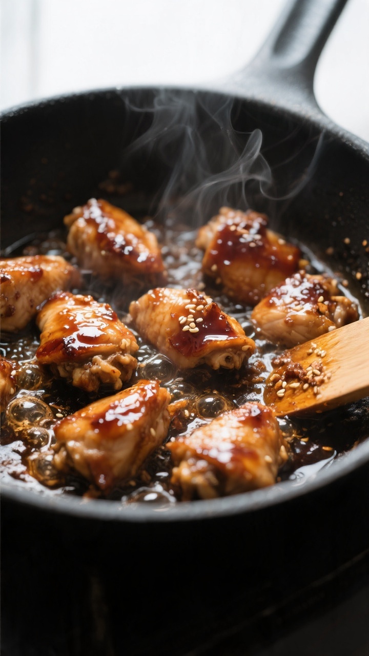 Cooking process close-up: Bite-size chicken thigh pieces sizzling in a hot skillet as the honey-soy 