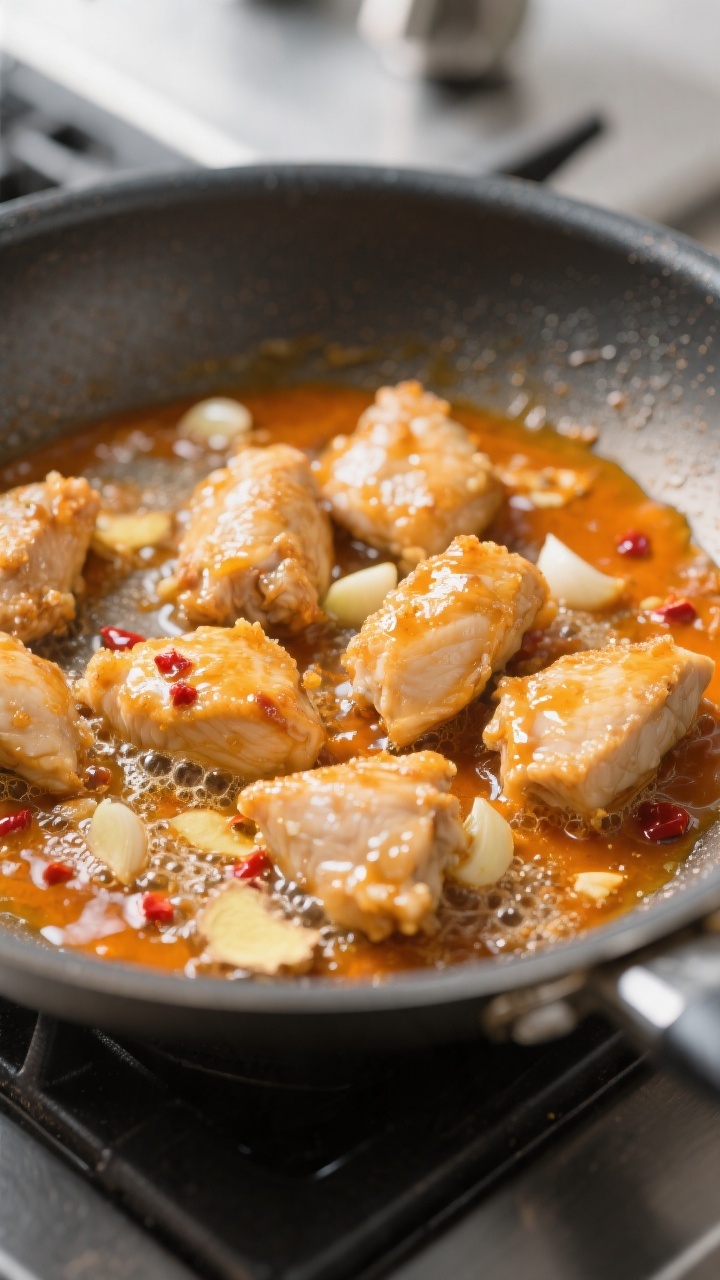 Cooking process close-up: Bite-sized chicken pieces searing in a wide nonstick skillet, lightly cris