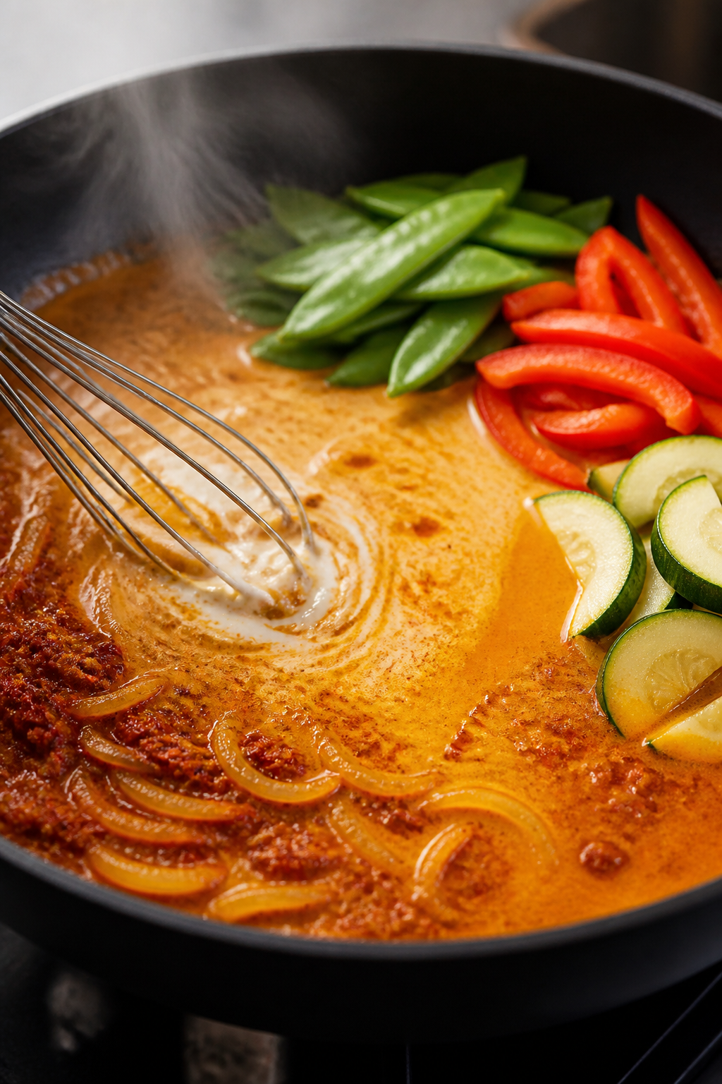Cooking process close-up: Blooming Thai red curry paste in a wide skillet with sautéed sliced yello