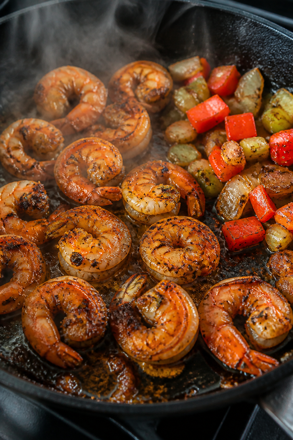 Cooking process close-up: Cajun-spiced shrimp searing in a cast-iron skillet, lightly browned edges 