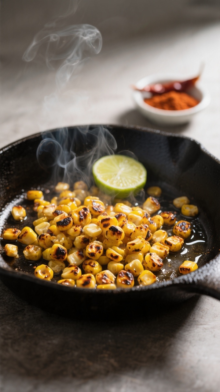 Cooking process close-up: Charred corn kernels sizzling in a dark cast-iron skillet, golden-brown bl