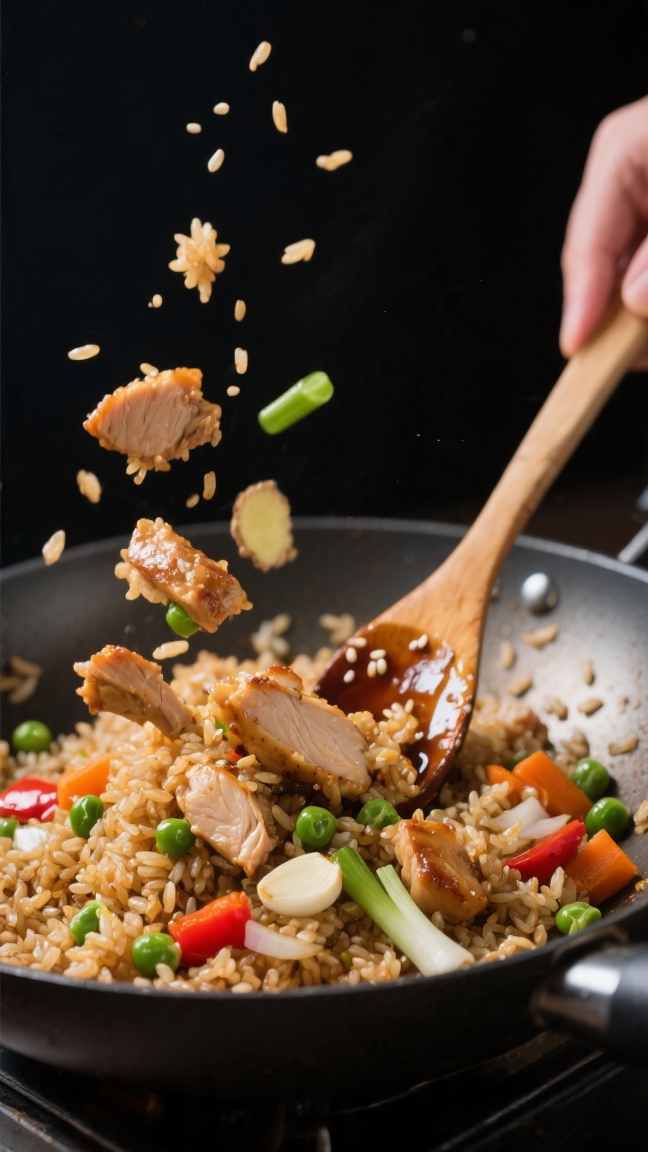 Cooking process close-up: Chicken fried rice mid-stir in a sizzling nonstick wok, showing lightly cr