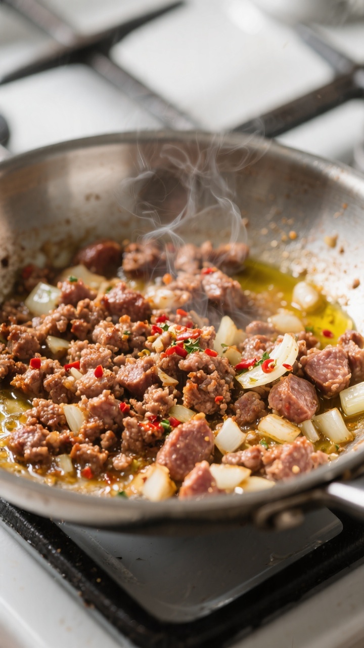 Cooking process close-up: Crumbled Italian sausage browning deeply in a wide stainless skillet, well
